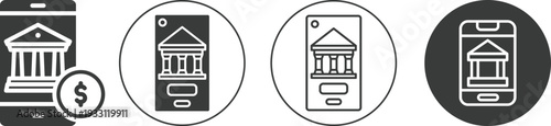 Modern mobile banking and digital finance line icons set featuring smartphone bank apps, online payments, money transfer, fintech and secure transaction concepts.