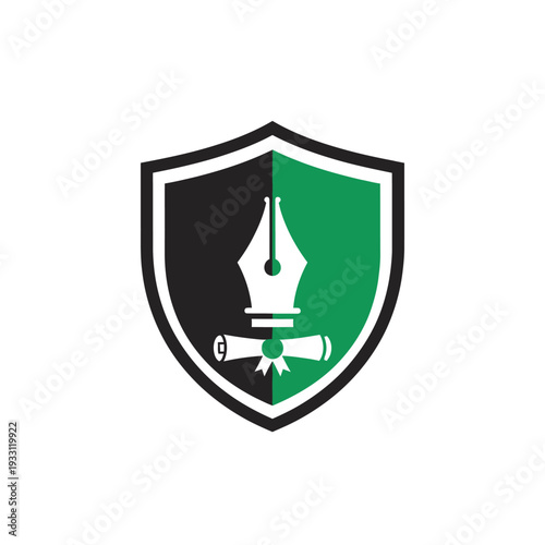 Shield emblem with fountain pen and scroll logo for law and education services at Academy