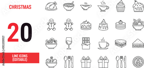 Christmas Food and Holiday Celebration Line Icon Set Featuring Turkey Gingerbread Coffee Gifts Dessert and Dining Elements in Editable Outline Vector Illustration Collection