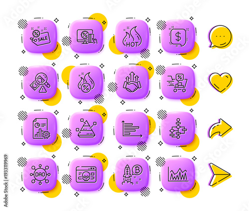 Hot loan, Block diagram and Fraud line icons. App 3d buttons. Social media comment, share, like icons. Pack of Hot sale, Sale, Payment message icon. Vector