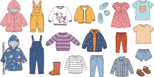 Children's Clothing and Footwear Vector Set Featuring Hoodies, Overalls, Dresses, T-shirts, and Shoes for Toddler Fashion and Apparel Design