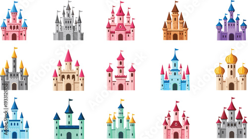 Colorful Fairy Tale Castle Vector Set Featuring Magic Medieval Fortresses with Towers and Turrets for Fantasy Kingdom Design