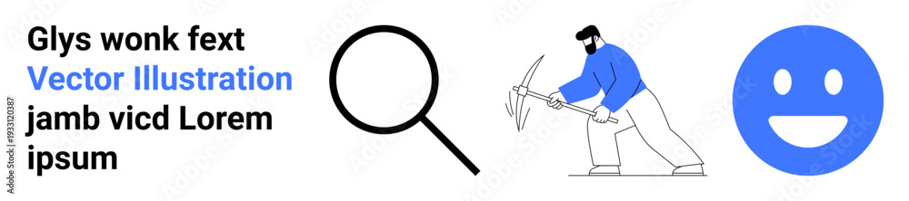 Fototapeta premium Data search, exploration, emotional analysis, software development, productivity tools, online platforms. A magnifying glass, man mining and a happy face in blue and black. Data search and emotional