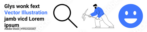 Data search, exploration, emotional analysis, software development, productivity tools, online platforms. A magnifying glass, man mining and a happy face in blue and black. Data search and emotional