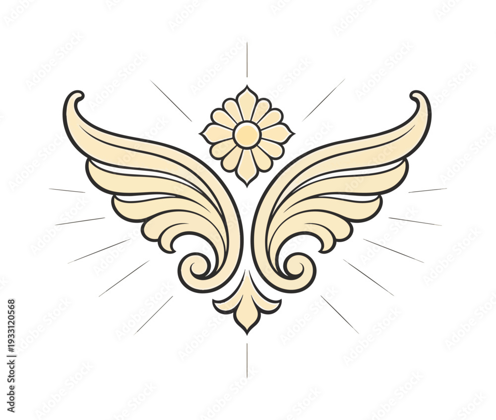 Fototapeta premium Elegant decorative winged floral design on black background