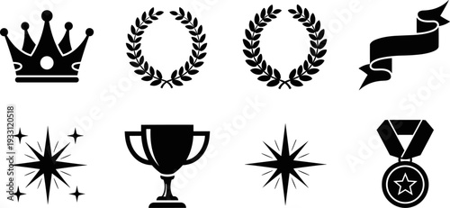 Collection of black award and achievement icons including crown, laurel wreath, trophy, and medal