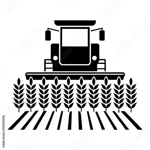 Black and white icon of a combine harvester, symbolizing agricultural machinery and farming equipment. Black silhouette of a combine harvesting wheat in a field  