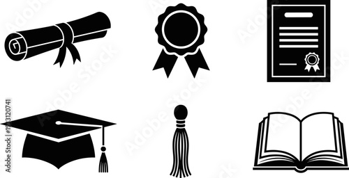 Collection of graduation and academic achievement icons including a diploma, cap, and open book