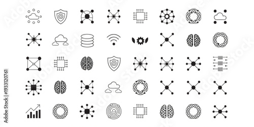 Collection of simple icons representing various technology and security concepts displayed in a grid pattern on a plain white background