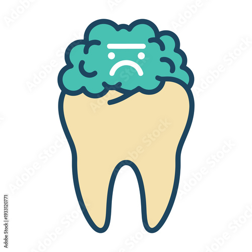 Illustrated tooth with fluffy cloud like growth on top symbolizing dental health concerns or plaque buildup in a clean minimalist style