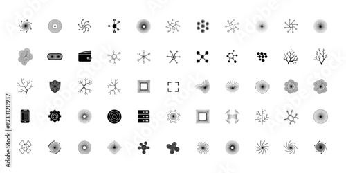 Collection of various abstract shapes and symbols in grayscale on a neutral background viewed from a straightforward perspective