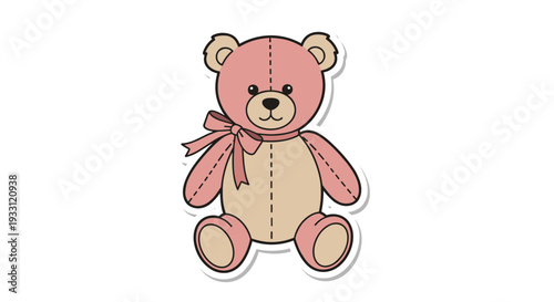 Cute cartoon pink teddy bear with ribbon on white background.