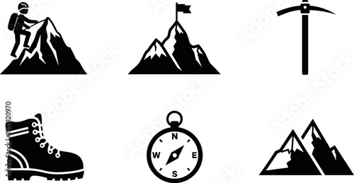 Collection of mountaineering and adventure icons including climber, mountains, boot, and compass