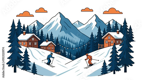 Winter wonderland scene with skiers descending snowy slopes near cozy cabins and snow-capped mountains.