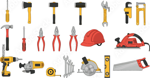 Construction and Hand Tool Vector Set Featuring Electric Drill, Saws, Hammers, Wrenches, Pliers, and Safety Helmet for DIY and Professional Maintenance