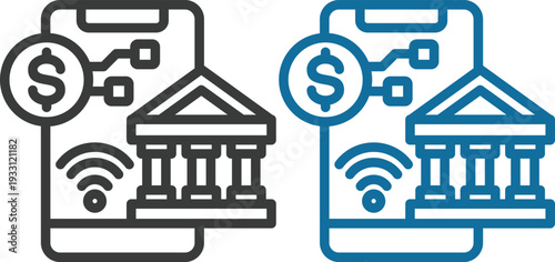 Modern mobile banking and digital finance line icons set featuring smartphone bank apps, online payments, money transfer, fintech and secure transaction concepts.