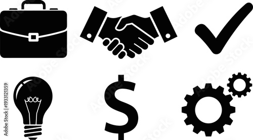 Business icons: briefcase, handshake, checkmark, lightbulb, dollar sign, gears