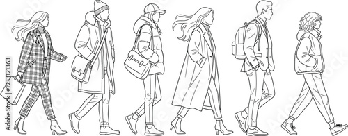 Line art illustration of diverse fashionable people in winter clothes walking side by side including coats puffer jackets