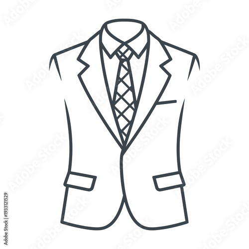 Elegant monochrome line drawing of a tailored blazer ensemble featuring a double breasted jacket paired with a button down shirt and patterned necktie for professional attire illustrations