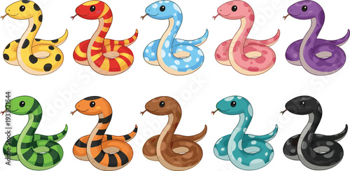 Cute Cartoon Snake Vector Set Featuring Colorful Snakes with Different Patterns like Polka Dots and Stripes Isolated on White Background
