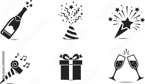Collection of festive icons including champagne, party popper, fireworks, noisemaker, gift, and champagne glasses