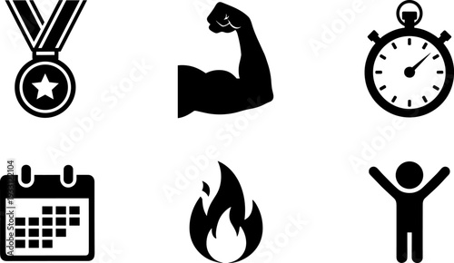 Fitness and health icons: medal, muscle, stopwatch, calendar, fire, and person celebrating
