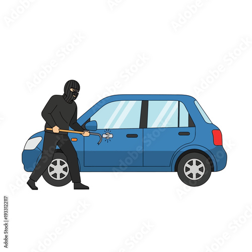 Thief in mask breaking into a blue car with crowbar, crime and theft concept