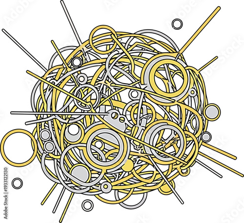 Yellow Gray Tangled Wires and Circles on White Background