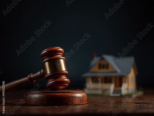 Wooden gavel with a house model, symbolizing property foreclosure, real estate litigation, debt recovery, and the legal auction of seized residential assets.