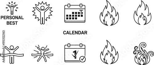 Collection of icons representing personal best achievements, calendar events, and fire symbols