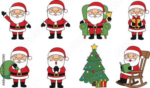 Cute Santa Claus Character Set Featuring Various Poses with Christmas Tree, Gift Box, Green Sack, and Sitting on a Rocking Chair for Holiday Design