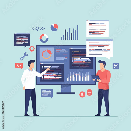 Two developers analyzing data on a large monitor, coding, charts, graphs, and analytics