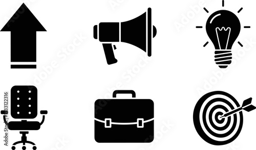 Collection of six black business icons representing growth, communication, ideas, and success
