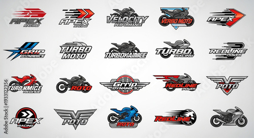 Collection of dynamic motorcycle logos showcasing speed and power in various designs.