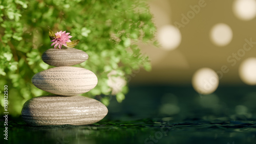 Photography Balanced zen stones with a pink flower in a peaceful garden setting