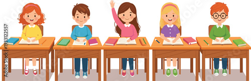Diverse Group of Primary School Students Sitting at Desks in Classroom, Studying with Books and Raising Hands for Education Concept