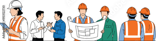 Construction and engineering professional character set featuring male and female workers in safety vests and hard hats holding blueprints and digital tablets for industry