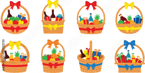 Festive Gift Basket Vector Set Featuring Wicker Baskets Filled with Fresh Fruits, Wine Bottles, and Wrapped Presents with Colorful Ribbons