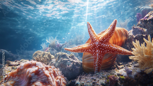 Starfish, coral reefs and shells in the sea water. Beauty of marine ecosystem