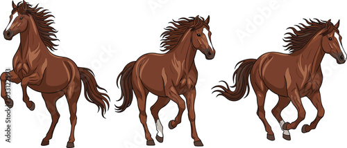 Graceful Brown Horses Vector Set Featuring Three Majestic Stallions in Galloping and Rearing Poses with Flowing Manes Isolated on White Background