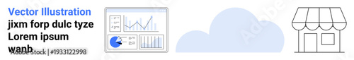 Cloud, analytics dashboard with graphs and charts, and a shop facade illustration. Ideal for business growth, data tracking, retail, e-commerce, marketing, cloud storage simple landing page