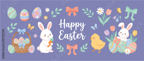 Collection cute elements for Easter. Hand drawn bunnies, bows, flowers and herbs, chicken, floral decoration, egg basket, Easter eggs. Spring lovely stickers. Vector flat illustration.