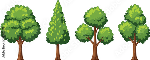 Green Tree Vector Set Featuring Various Shapes of Deciduous and Coniferous Trees for Environmental Conservation and Nature Landscape Design
