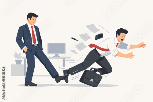 Business Sabotage and Workplace Bullying Concept with Businessman Tripping His Colleague, Male Character Falling Down and Dropping Documents While Coworker Betrays Him, Flat Vector Illustration