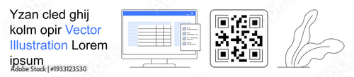 Data management, QR code scanning, analytics tools, digital organization, modern technology, workflow systems. A QR code, computer screen and abstract plant design. Data management and QR code