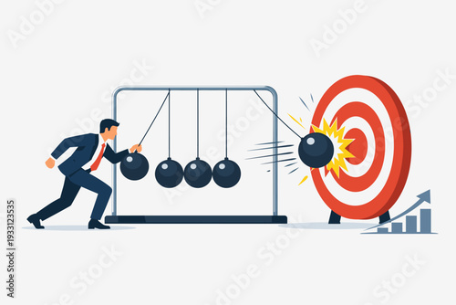 Businessman Using Newton's Cradle to Hit Bullseye Target, Representing Impact, Momentum, and Strategic Success. Vector Illustration of Achieving Goals, Business Growth, and Effective Leadership.