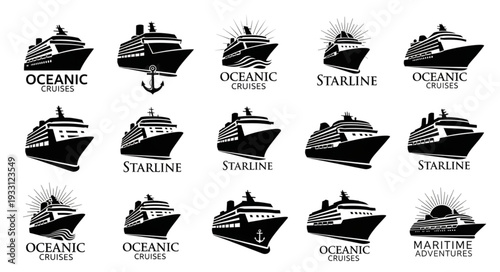 Collection of cruise ship logos in black and white, perfect for travel and tourism branding.