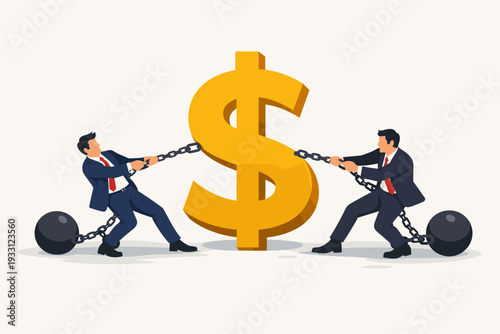 Two businessmen pulling a giant golden dollar sign with chains while shackled to heavy ball and chain weights, symbolizing financial debt, economic crisis, investment struggle, and market burden.