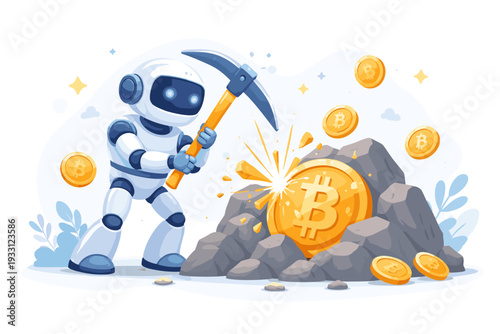 Cute White Robot Mining Bitcoin with a Pickaxe from a Pile of Rocks Vector Illustration, Representing Cryptocurrency Mining, Digital Currency Automation, Blockchain Technology, and AI Finance Bot