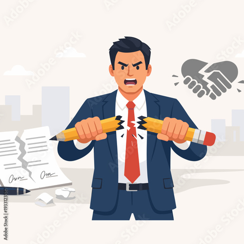 Angry Businessman Breaking Pencil in Frustration Over Cancelled Contract and Terminated Agreement, Concept of Partnership Break, Failed Business Deal, Legal Dispute, and Professional Conflict